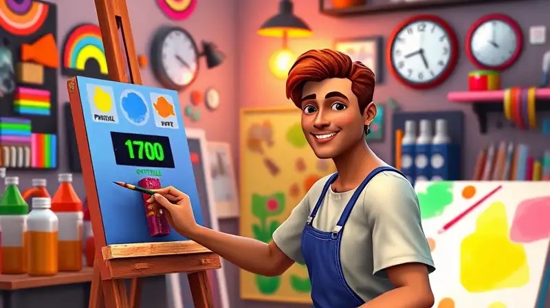 Personaje de Sims pinta feliz en estudio