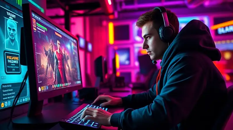 Gamer concentrado con juego futurista vibrante