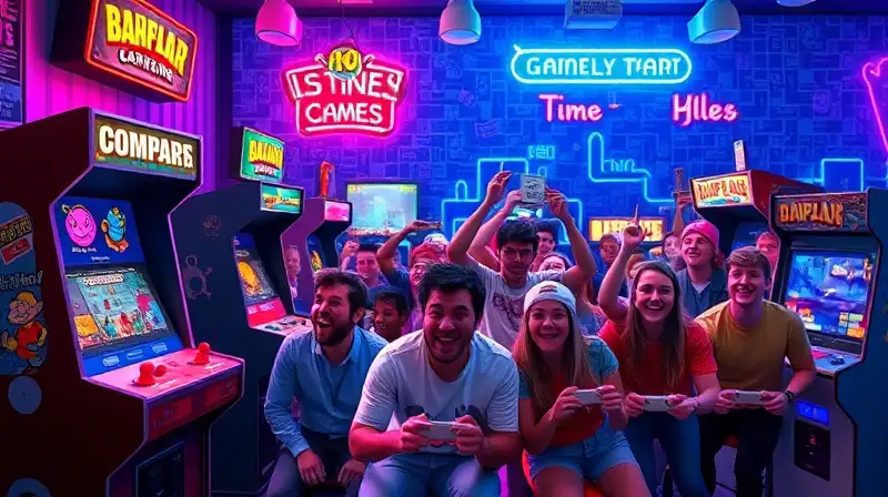 Arcade retro con jugadores y luces neón