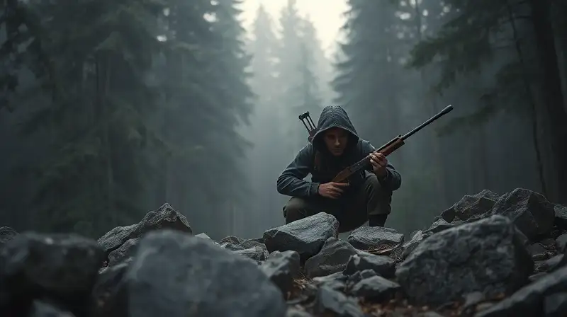 Superviviente camuflado en bosque al amanecer