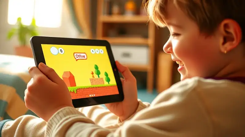 Niño juega feliz juego pixelado offline