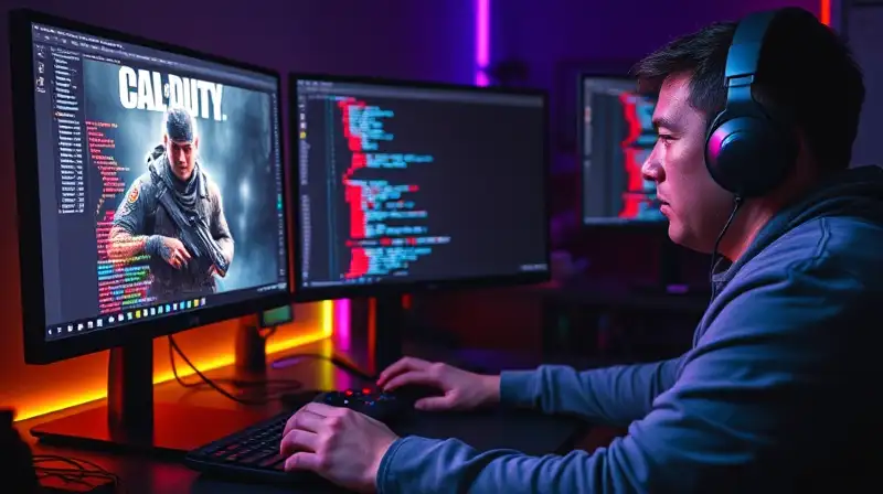 Gamer depura mods en habitación oscura iluminada