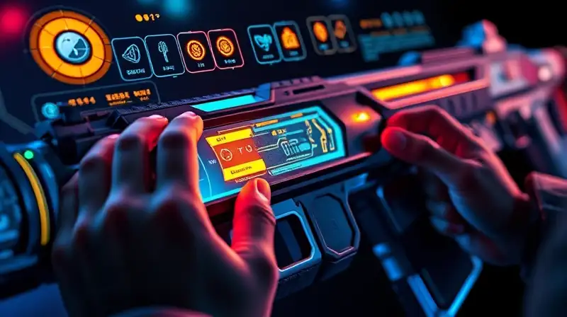 Manos ajustan armas futuristas holográficas