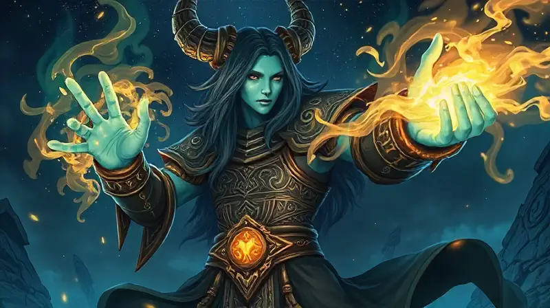 Draenei mago lanza hechizo bajo estrellas