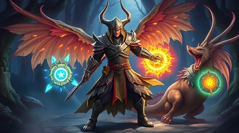 Guerrero fantástico conjura criaturas y escudos