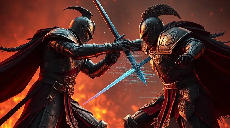 Dos guerreros armados luchan en batalla