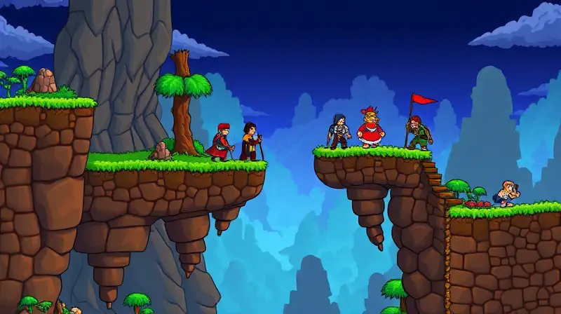 Estilo pixelado 2D con plataformas flotantes