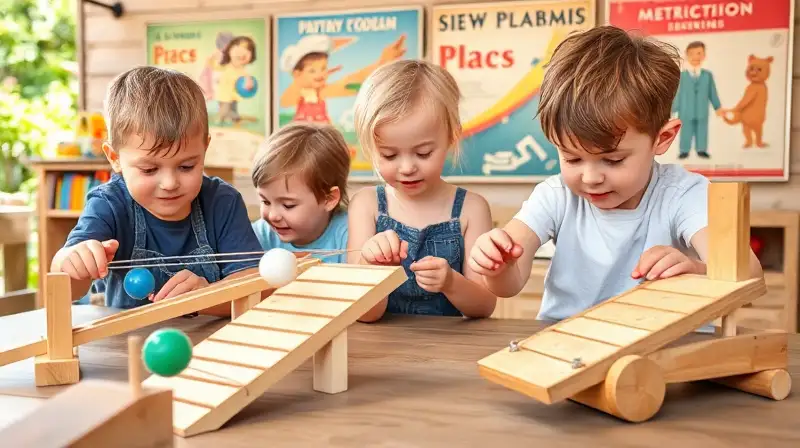 Niños aprendiendo física con juguetes simples