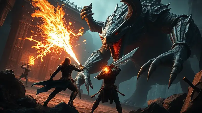 Héroe enfrenta monstruo gigante en batalla épica