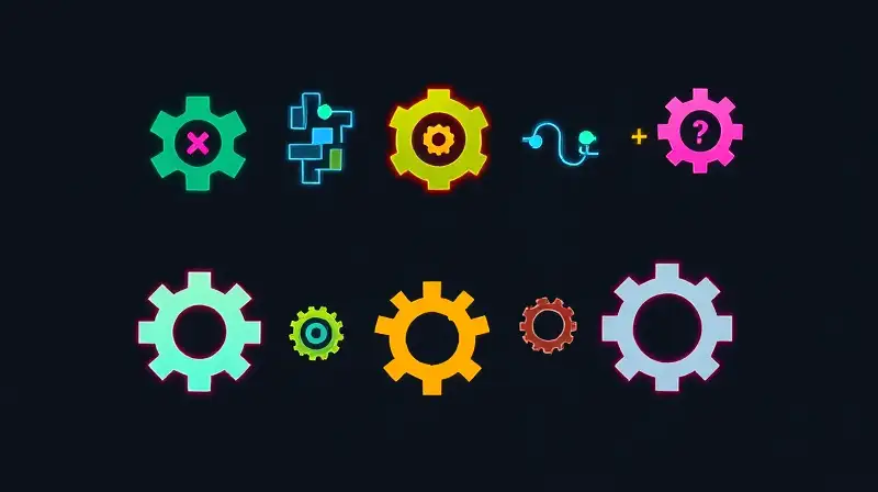 Iconos de rompecabezas y engranajes vibrantes