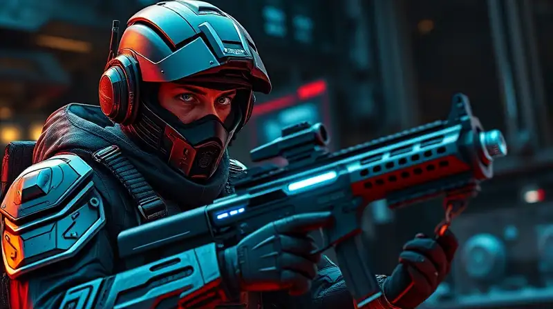 Soldado futurista personaliza armas en entorno cyberpunk