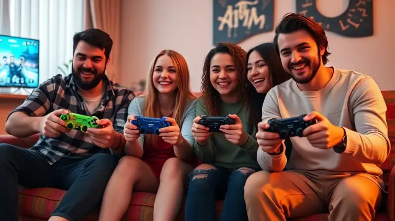 Cuatro amigos juegan videojuegos de aventura
