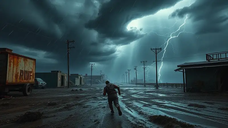 Jugador lucha contra tormenta en ruinas