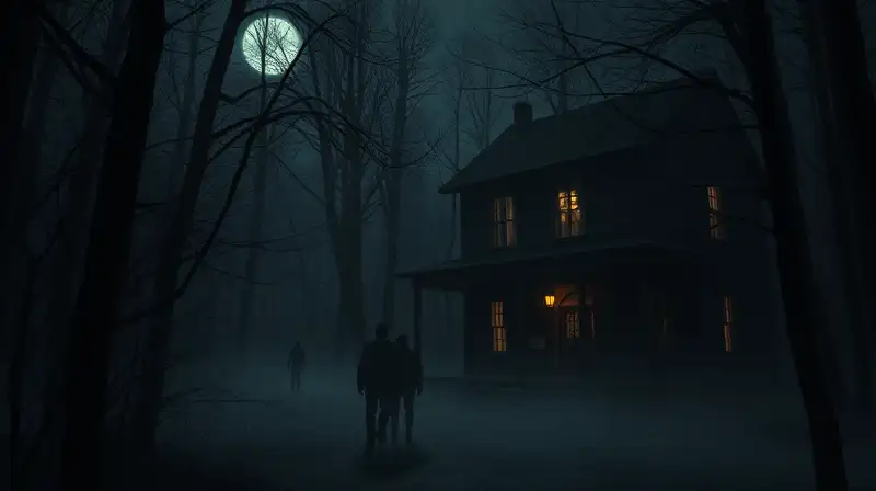 Bosque oscuro con casa abandonada y sombras