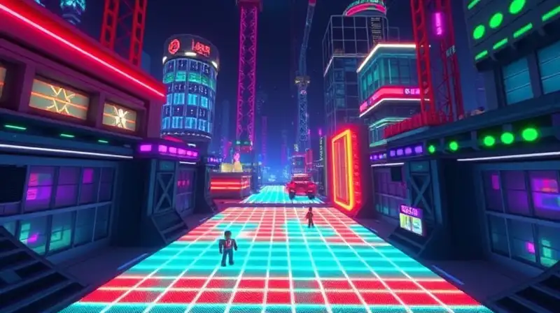Escena futurista de Roblox con luces brillantes