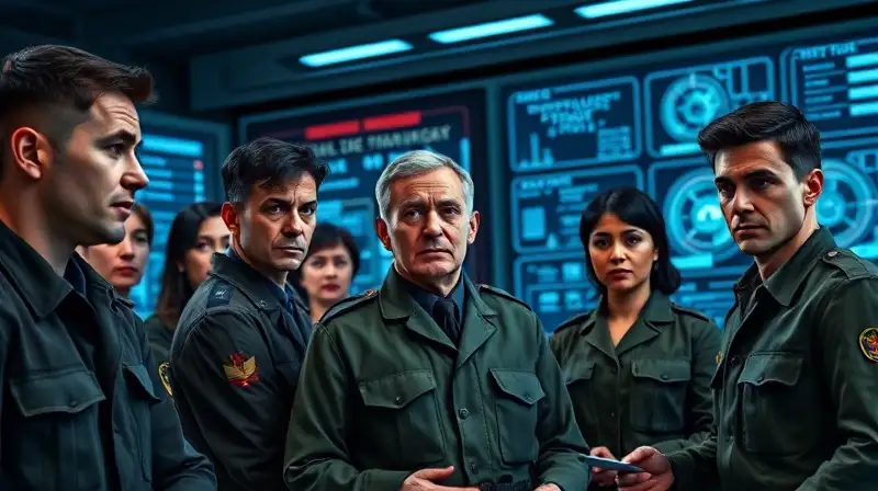 Equipo militar serio planifica estrategia futurista
