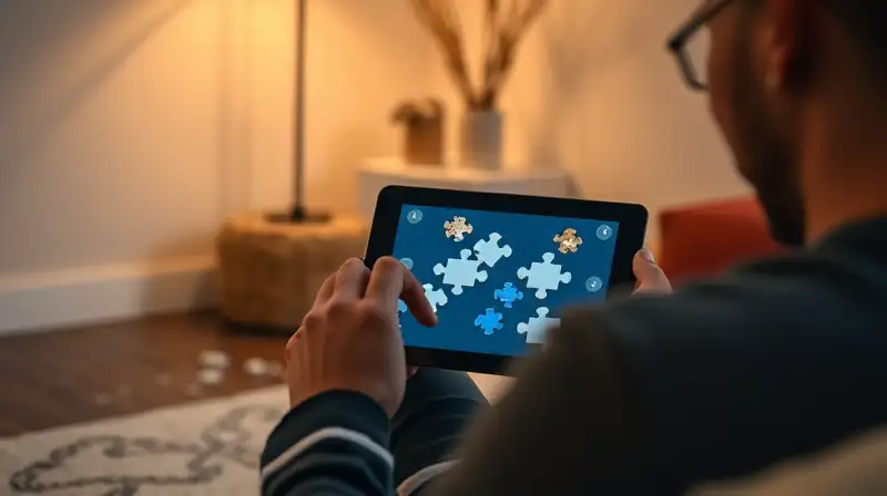 Persona concentrada jugando puzzle en tablet