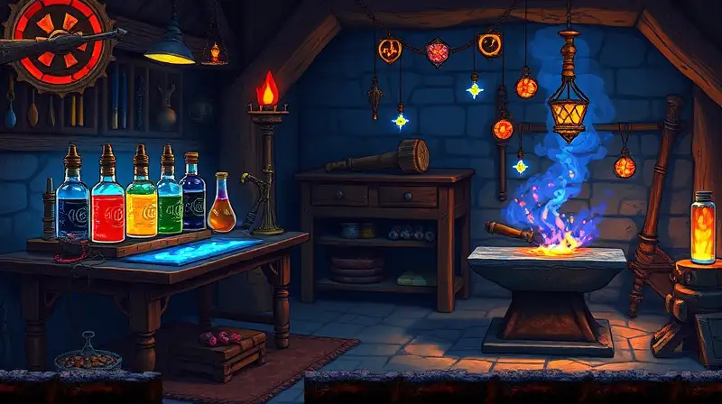 Taller medieval pixelado con magia y herramientas