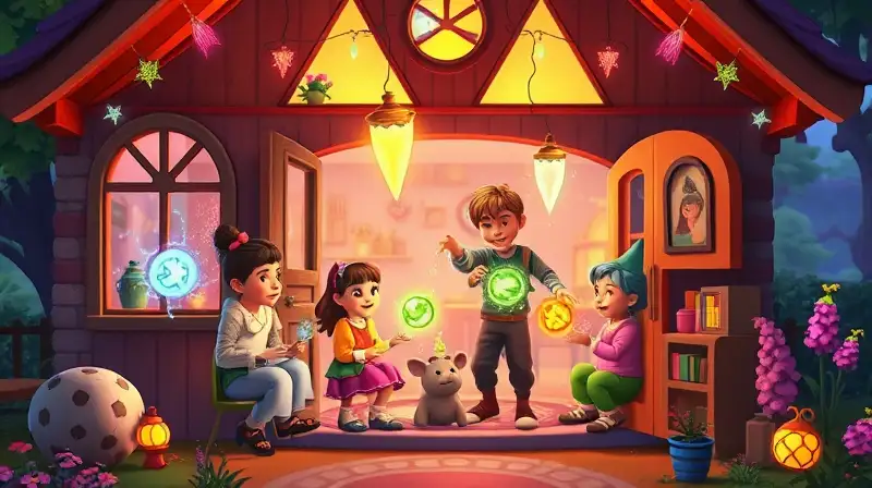 Familia mágica en casa encantada colorida