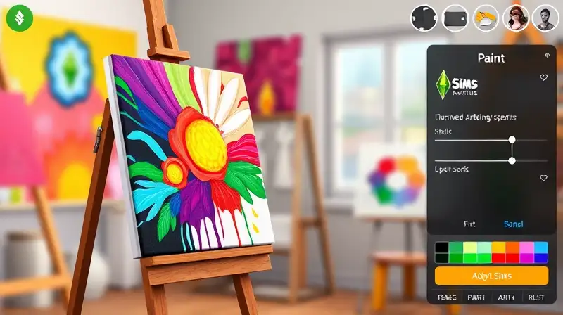 Sims pinta obra colorida en estudio creativo