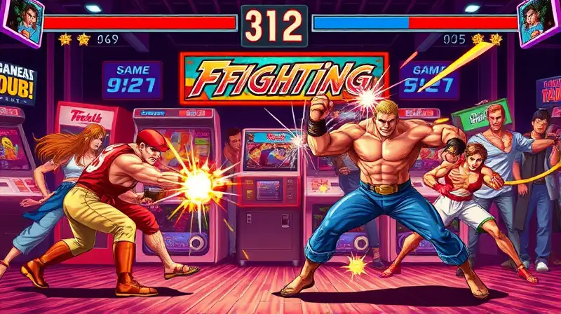 Personajes pixelados luchan en arcade retro
