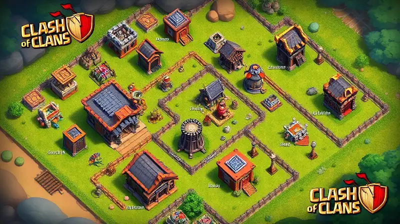 Aldea de Clash of Clans con edificios militares