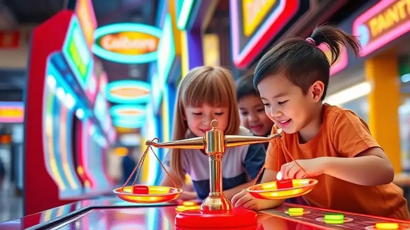 Niños colaboran en juego arcade vibrante