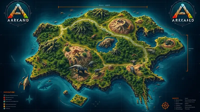Mapa detallado de isla prehistórica con dinosaurios