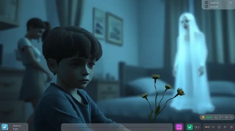 Niño triste solo en cuarto virtual