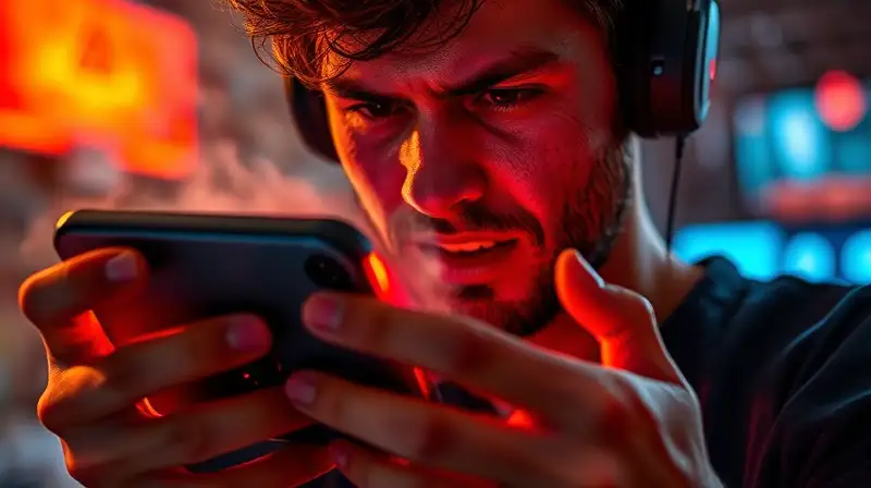 Gamer sudando con móvil sobrecalentado y luces