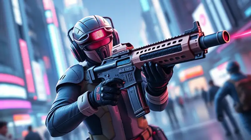 Armas futuristas con accesorios y estética neón