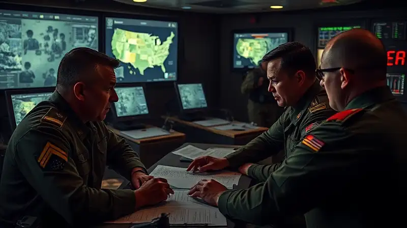 Líderes militares tensos planifican en sala estratégica