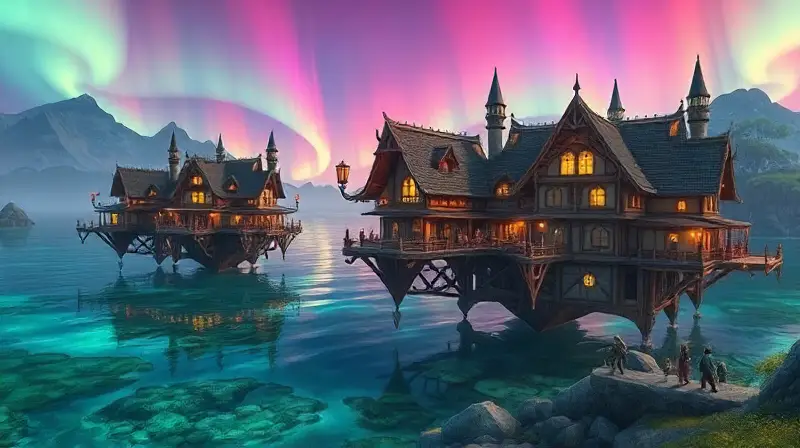 Casas flotantes en mundo fantástico y mágico