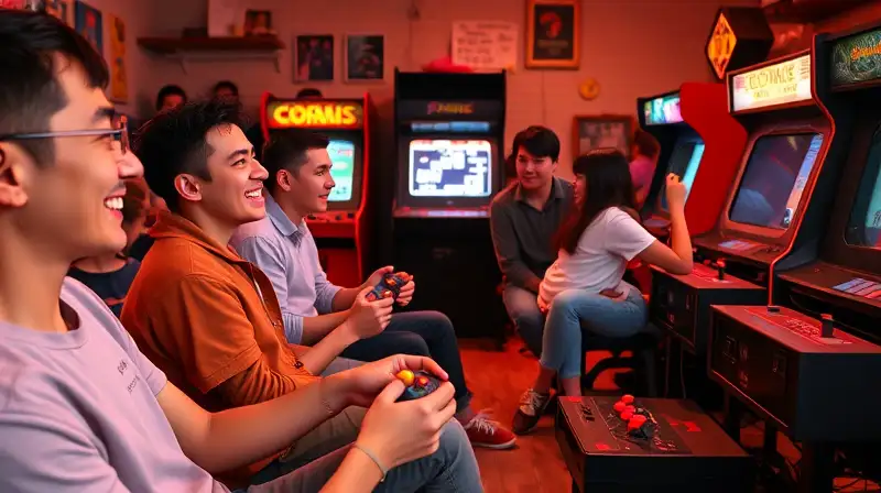 Jugadores diversos disfrutan juegos retro pixelados