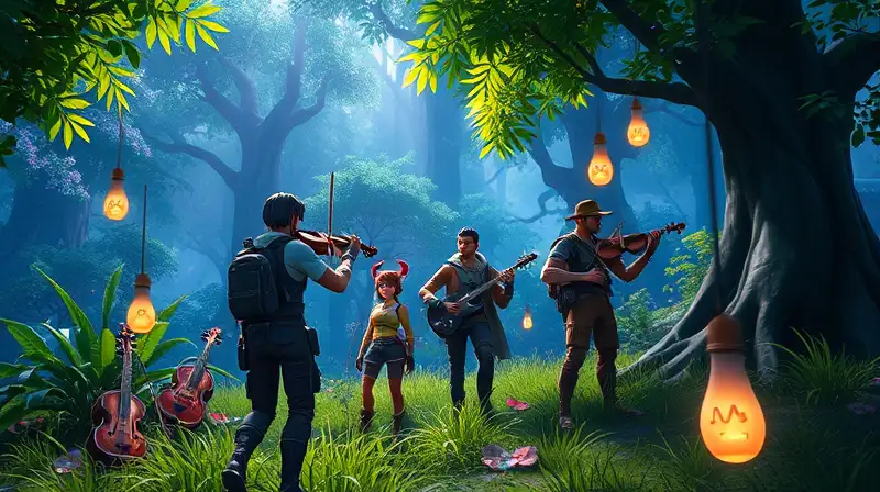 Personajes de Fortnite exploran bosque místico vibrante