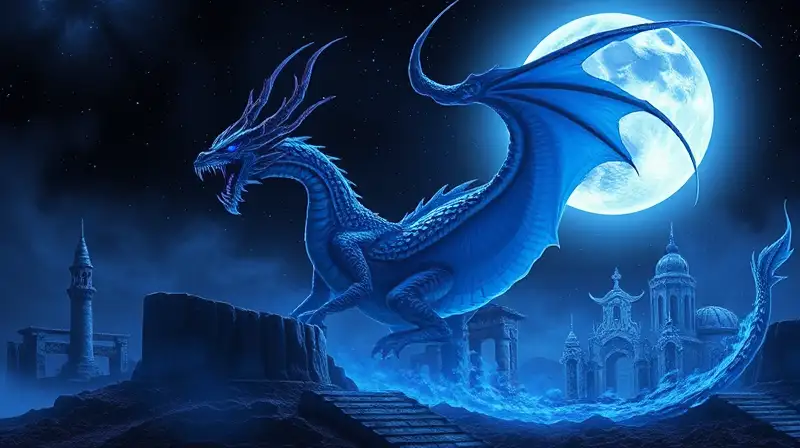 Dragón lunar emerge en ruinas místicas
