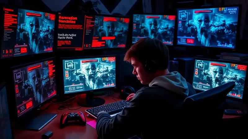 Gamer frustrado en habitación oscura caótica