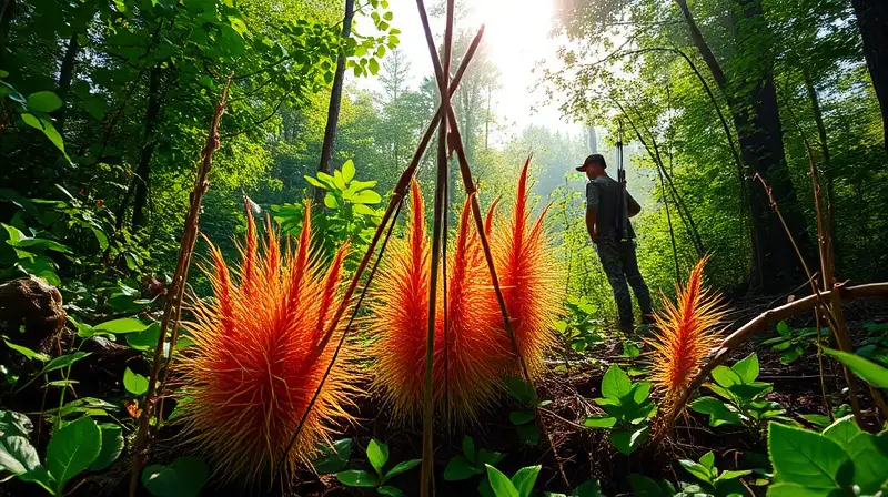 Persona cosecha plantas mientras cazador observa