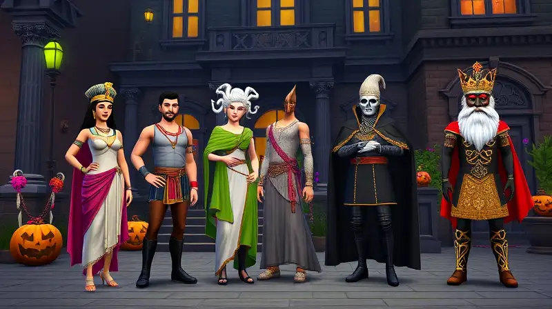 Personajes de Sims disfrazados en ambiente festivo