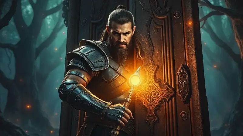 Guerrero heroico abre puerta antigua mágica