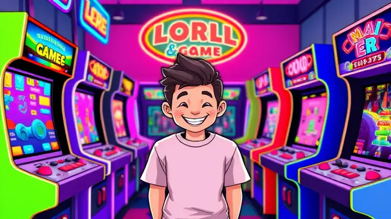 Máquinas arcade coloridas y jugador principiante sonriente
