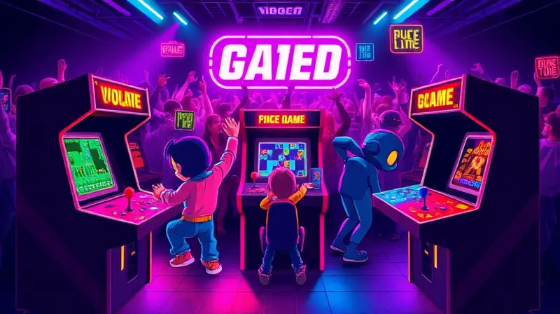 Máquinas arcade retro con personajes pixelados vibrantes