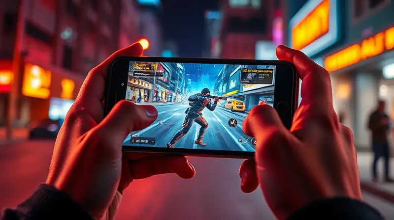 Jugador móvil concentrado en videojuego neon