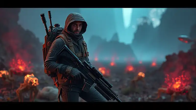 Explorador armado en paisaje alienígena hostil
