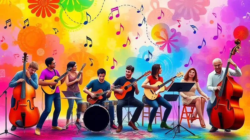 Personajes Sims tocando instrumentos en arte vibrante
