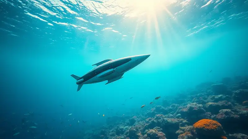 Peces voladores y vehículo submarino futurista