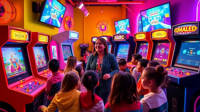 Maestro y niños aprenden en arcade colorido