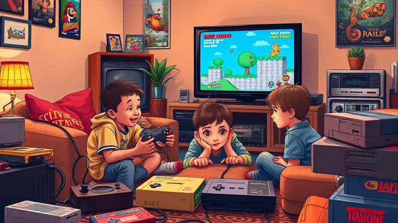 Niños juegan videojuegos retro en sala acogedora