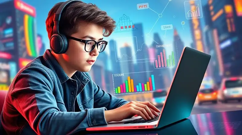 Joven gamer analizando gráficos en ciudad futurista