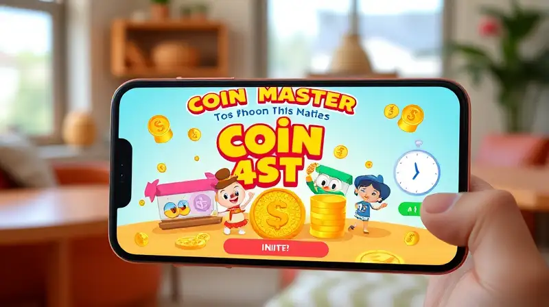 Pantalla muestra invitación colorida a Coin Master